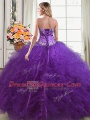 Great Beading and Ruffles Quinceanera Gowns Eggplant Purple Lace Up Sleeveless Floor Length