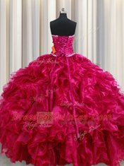 Customized Fuchsia Lace Up Strapless Beading and Ruffles Ball Gown Prom Dress Organza Sleeveless