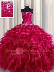 Customized Fuchsia Lace Up Strapless Beading and Ruffles Ball Gown Prom Dress Organza Sleeveless