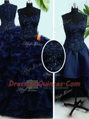 Four Piece Straps Sleeveless Organza Floor Length Zipper Vestidos de Quinceanera in Navy Blue with Beading and Ruffles