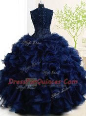 Four Piece Straps Sleeveless Organza Floor Length Zipper Vestidos de Quinceanera in Navy Blue with Beading and Ruffles