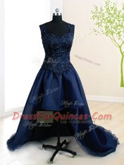 Four Piece Straps Sleeveless Organza Floor Length Zipper Vestidos de Quinceanera in Navy Blue with Beading and Ruffles