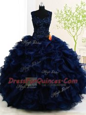 Four Piece Straps Sleeveless Organza Floor Length Zipper Vestidos de Quinceanera in Navy Blue with Beading and Ruffles