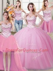 Affordable Four Piece Rose Pink Sweetheart Lace Up Beading Quince Ball Gowns Sleeveless