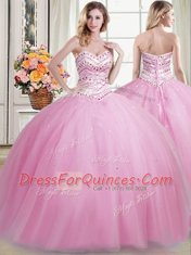Affordable Four Piece Rose Pink Sweetheart Lace Up Beading Quince Ball Gowns Sleeveless