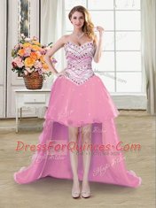 Affordable Four Piece Rose Pink Sweetheart Lace Up Beading Quince Ball Gowns Sleeveless