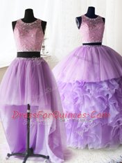 Best Three Piece Scoop Lilac Ball Gowns Beading and Lace and Ruffles Sweet 16 Dresses Zipper Organza and Tulle Sleeveless With Train