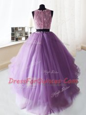 Best Three Piece Scoop Lilac Ball Gowns Beading and Lace and Ruffles Sweet 16 Dresses Zipper Organza and Tulle Sleeveless With Train