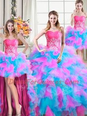 Cute Four Piece Organza and Tulle Sweetheart Sleeveless Zipper Beading and Ruffles Quinceanera Dress in Multi-color