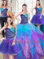 Eye-catching Four Piece Multi-color Ball Gowns Beading and Ruffles Quinceanera Gown Lace Up Tulle Sleeveless Floor Length