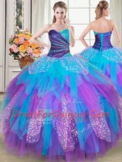 Eye-catching Four Piece Multi-color Ball Gowns Beading and Ruffles Quinceanera Gown Lace Up Tulle Sleeveless Floor Length