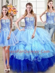 Charming Three Piece Floor Length Lace Up Quinceanera Dress Multi-color for Military Ball and Sweet 16 and Quinceanera with Ruffles and Sequins