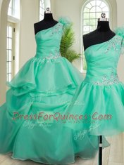 Three Piece Turquoise One Shoulder Lace Up Beading and Hand Made Flower Quinceanera Gown Sleeveless