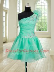 Three Piece Turquoise One Shoulder Lace Up Beading and Hand Made Flower Quinceanera Gown Sleeveless