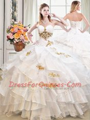 Four Piece Sweetheart Sleeveless Sweet 16 Quinceanera Dress Floor Length Beading and Ruffles White Organza