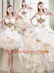 Four Piece Sweetheart Sleeveless Sweet 16 Quinceanera Dress Floor Length Beading and Ruffles White Organza