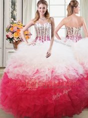Floor Length Pink And White Ball Gown Prom Dress Organza Sleeveless Beading and Ruffles