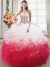 Floor Length Pink And White Ball Gown Prom Dress Organza Sleeveless Beading and Ruffles