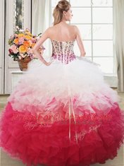 Floor Length Pink And White Ball Gown Prom Dress Organza Sleeveless Beading and Ruffles