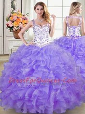 Simple Straps Sleeveless Vestidos de Quinceanera Floor Length Beading and Lace and Ruffles Lavender Organza
