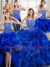 Four Piece Organza Sleeveless Quinceanera Gown Brush Train and Beading and Ruffles