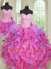 Eye-catching Three Piece Organza Sweetheart Sleeveless Lace Up Beading and Ruffles Sweet 16 Dresses in Multi-color