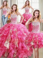 Four Piece Sequins Sweetheart Sleeveless Lace Up 15th Birthday Dress Hot Pink Organza