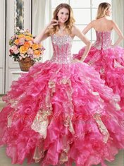 Four Piece Sequins Sweetheart Sleeveless Lace Up 15th Birthday Dress Hot Pink Organza