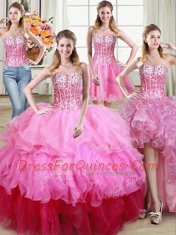 Delicate Four Piece Multi-color Sleeveless Floor Length Ruffles and Sequins Lace Up Sweet 16 Dresses