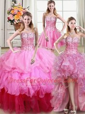 Delicate Four Piece Multi-color Sleeveless Floor Length Ruffles and Sequins Lace Up Sweet 16 Dresses