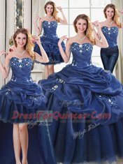 Top Selling Four Piece Navy Blue Organza Lace Up Vestidos de Quinceanera Sleeveless Floor Length Appliques
