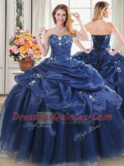 Top Selling Four Piece Navy Blue Organza Lace Up Vestidos de Quinceanera Sleeveless Floor Length Appliques