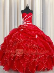 Sleeveless Organza Floor Length Lace Up Vestidos de Quinceanera in Red with Beading and Ruffles and Pick Ups
