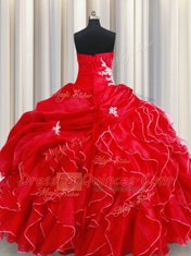 Sleeveless Organza Floor Length Lace Up Vestidos de Quinceanera in Red with Beading and Ruffles and Pick Ups