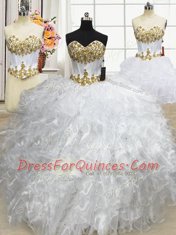 Colorful Three Piece Organza Sweetheart Sleeveless Lace Up Beading and Ruffled Layers Quinceanera Dress in White