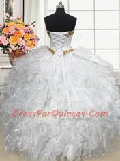 Colorful Three Piece Organza Sweetheart Sleeveless Lace Up Beading and Ruffled Layers Quinceanera Dress in White