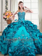 Sweetheart Sleeveless Sweet 16 Dress Floor Length Beading and Embroidery and Pick Ups Teal Organza and Taffeta