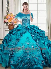 Sweetheart Sleeveless Sweet 16 Dress Floor Length Beading and Embroidery and Pick Ups Teal Organza and Taffeta