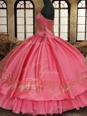 Floor Length Lace Up Vestidos de Quinceanera Pink for Military Ball and Sweet 16 and Quinceanera with Beading and Embroidery