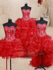 Extravagant Four Piece Sweetheart Sleeveless Lace Up Sweet 16 Quinceanera Dress Red Organza
