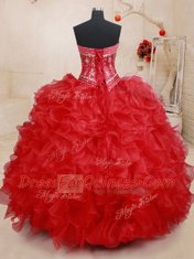 Extravagant Four Piece Sweetheart Sleeveless Lace Up Sweet 16 Quinceanera Dress Red Organza