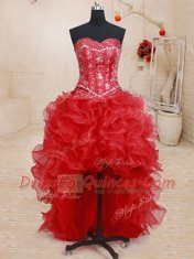 Extravagant Four Piece Sweetheart Sleeveless Lace Up Sweet 16 Quinceanera Dress Red Organza