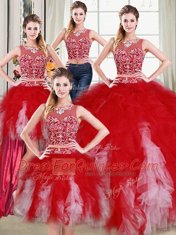 Four Piece White and Red Tulle Zipper Scoop Sleeveless Floor Length Quinceanera Dress Beading and Ruffles