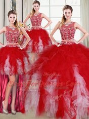 Four Piece White and Red Tulle Zipper Scoop Sleeveless Floor Length Quinceanera Dress Beading and Ruffles
