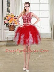 Four Piece White and Red Tulle Zipper Scoop Sleeveless Floor Length Quinceanera Dress Beading and Ruffles