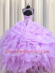 Eye-catching Scoop Pick Ups Floor Length Ball Gowns Sleeveless Lavender Quinceanera Dress Lace Up
