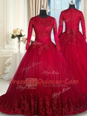 Wine Red Ball Gowns Tulle Scoop Long Sleeves Beading and Lace and Bowknot Floor Length Clasp Handle 15th Birthday Dress