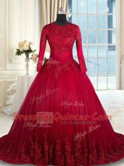 Wine Red Ball Gowns Tulle Scoop Long Sleeves Beading and Lace and Bowknot Floor Length Clasp Handle 15th Birthday Dress