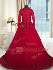 Wine Red Ball Gowns Tulle Scoop Long Sleeves Beading and Lace and Bowknot Floor Length Clasp Handle 15th Birthday Dress