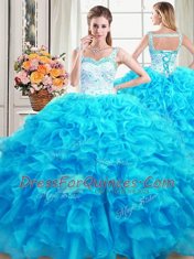 Flare Four Piece Straps Beading and Ruffles Sweet 16 Quinceanera Dress Baby Blue Lace Up Sleeveless Floor Length